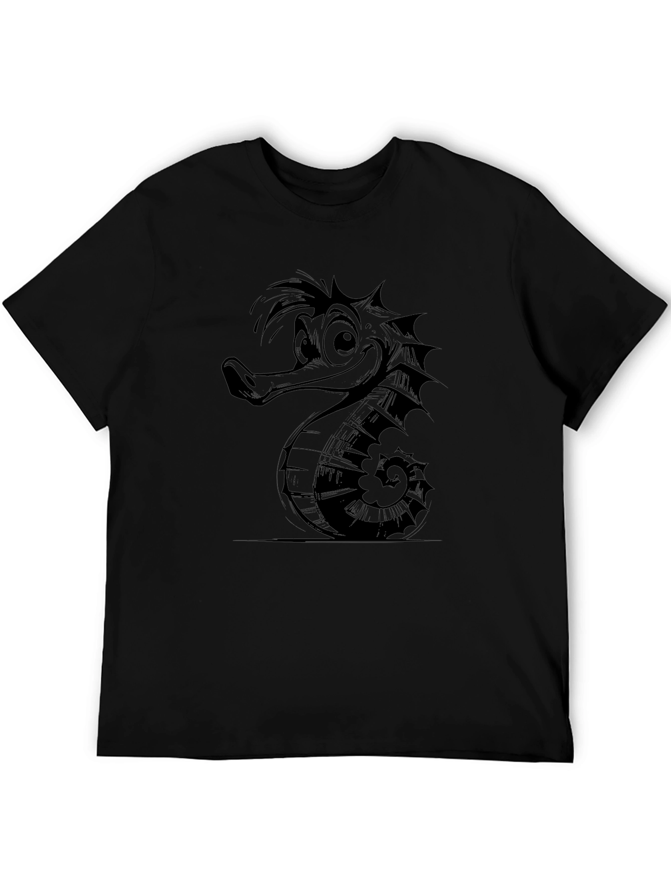Cartoon Seahorse Graphic Print Black T-Shirt