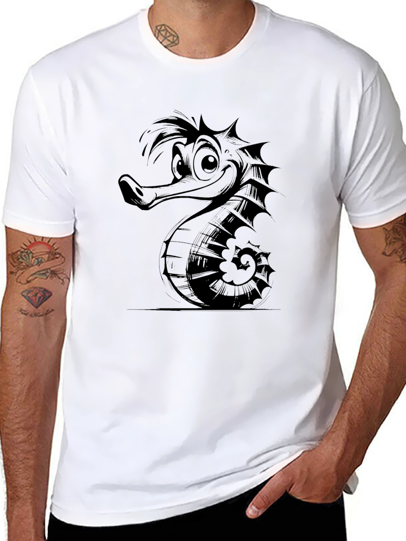 Cartoon Seahorse Graphic Print Black T-Shirt