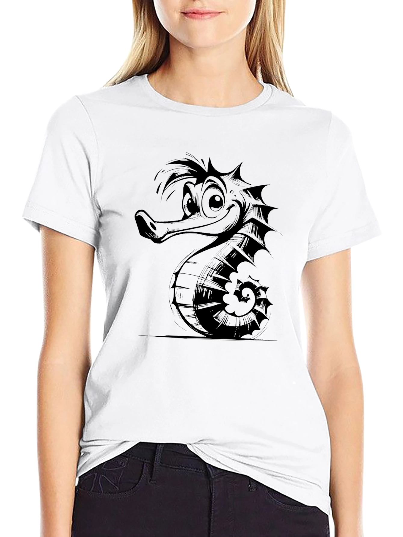 Cartoon Seahorse Graphic Print Black T-Shirt