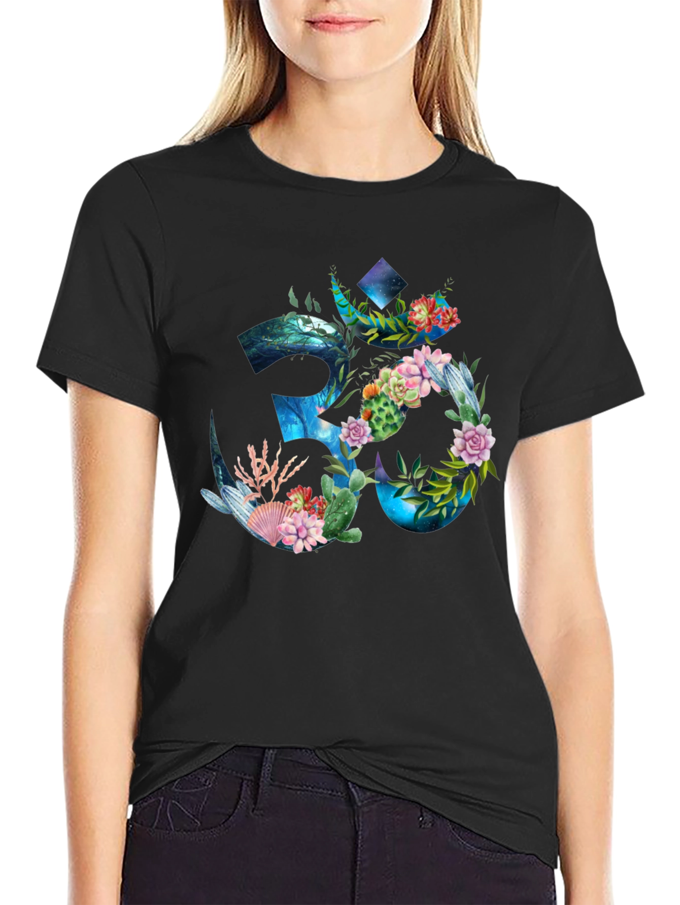 Om Symbol Floral Graphic Print T-Shirt