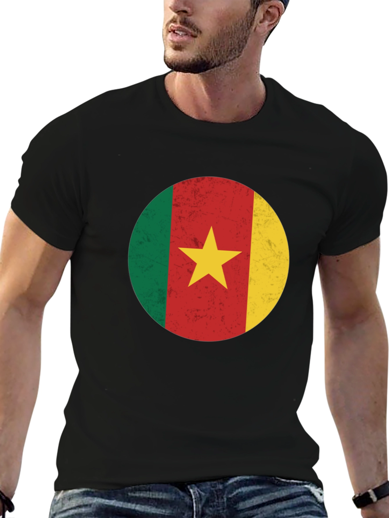Cameroon Flag Graphic Tee - Black Cotton T-Shirt