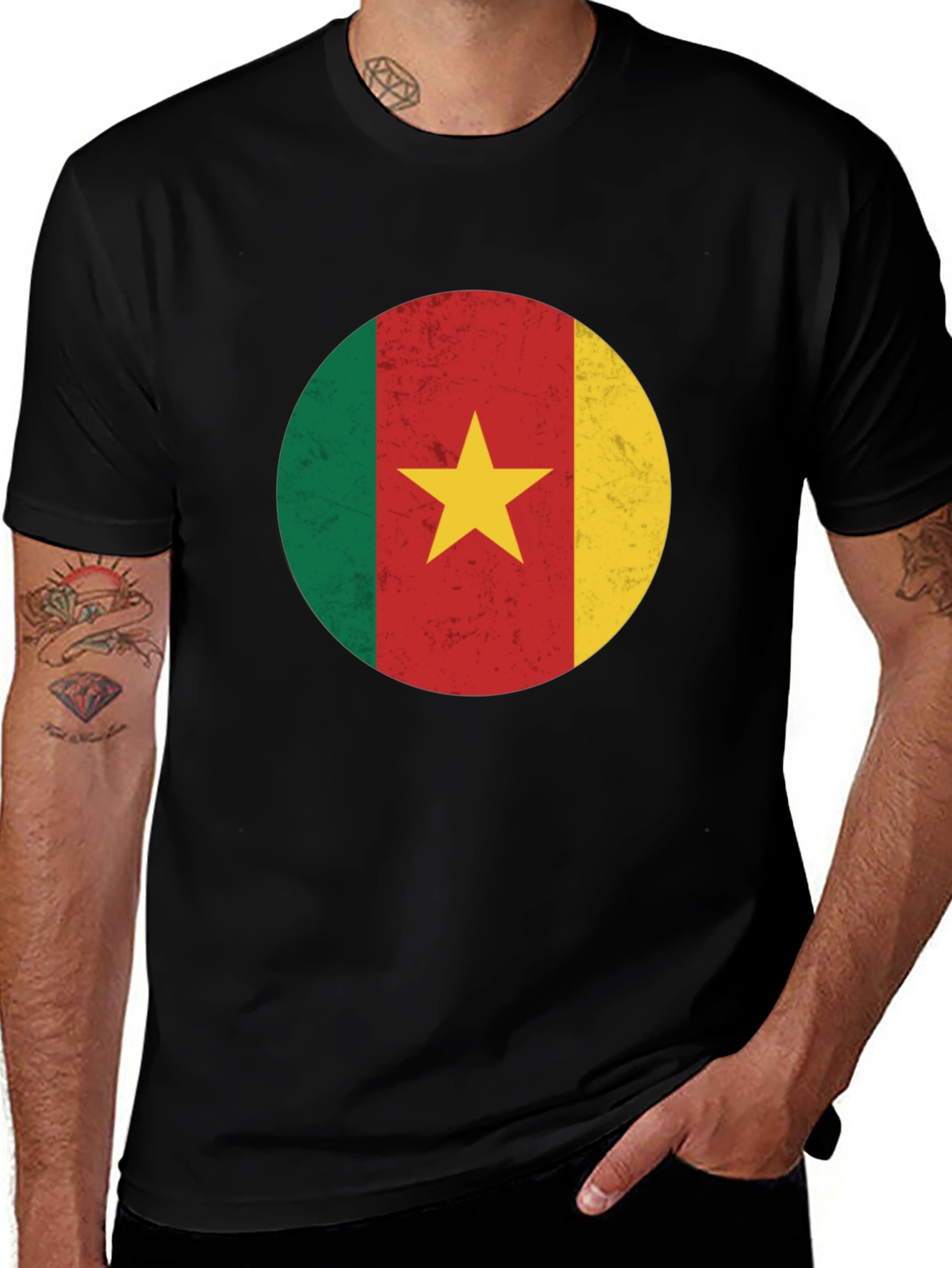 Cameroon Flag Graphic Tee - Black Cotton T-Shirt