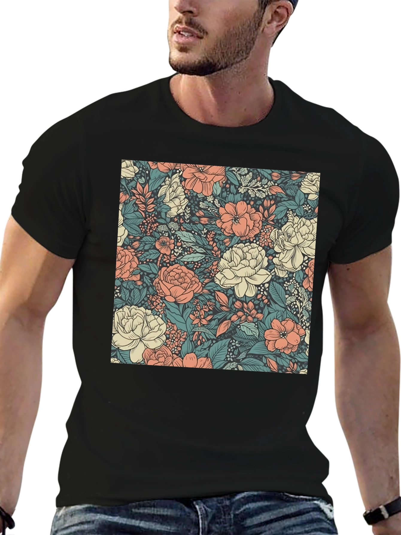 Floral Print Tee - Stylish Black Cotton T-Shirt