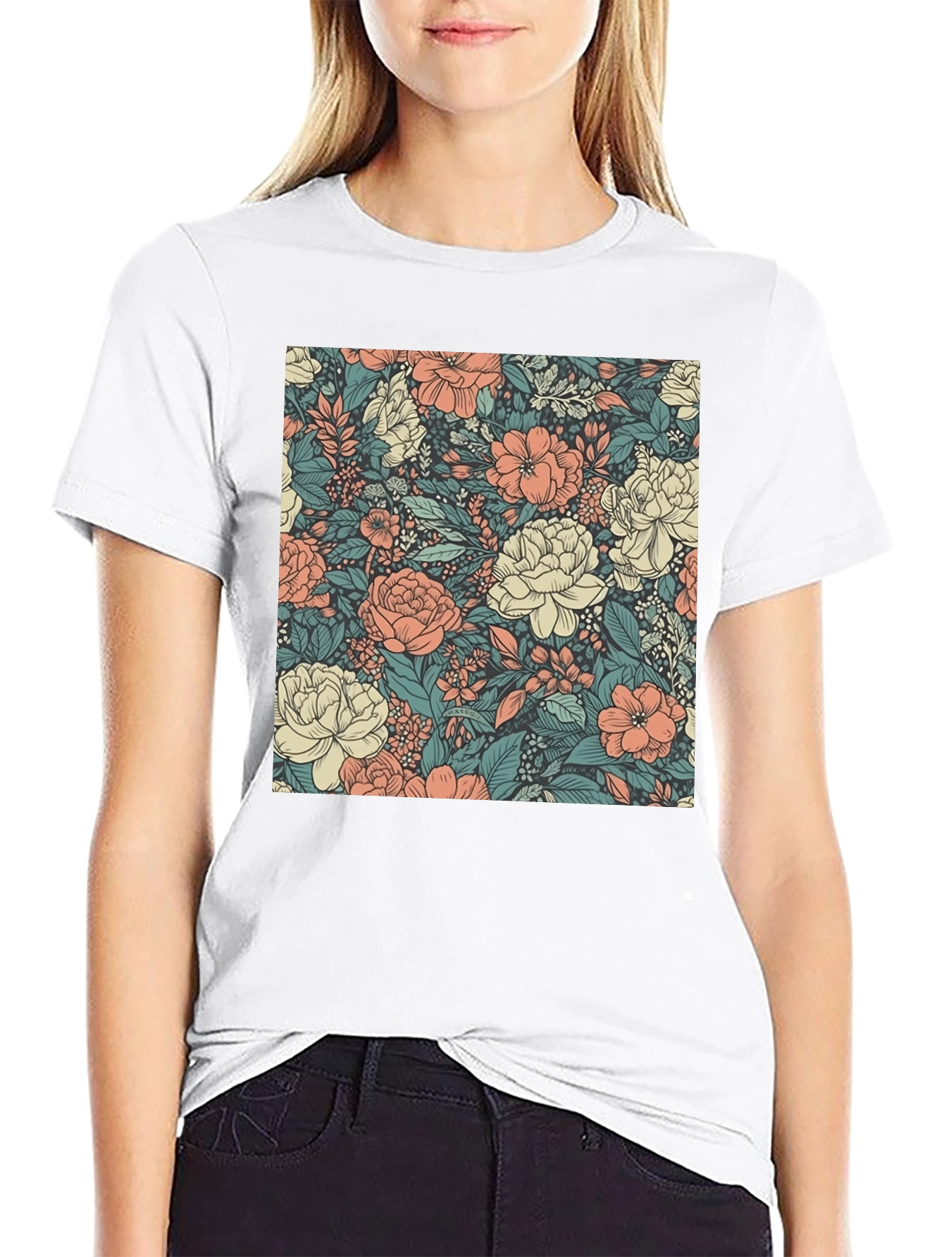 Floral Print Tee - Stylish Black Cotton T-Shirt