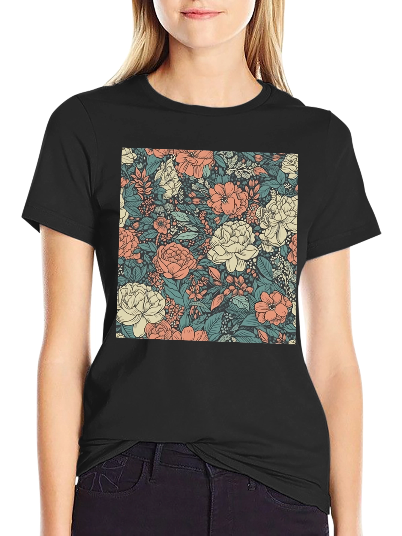 Floral Print Tee - Stylish Black Cotton T-Shirt