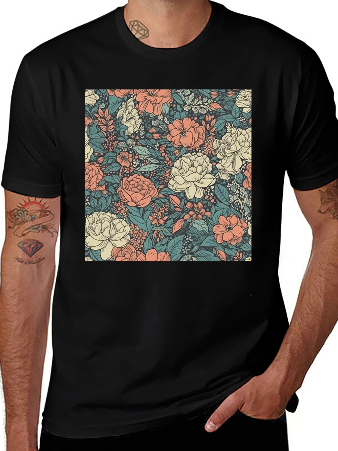 Floral Print Tee - Stylish Black Cotton T-Shirt