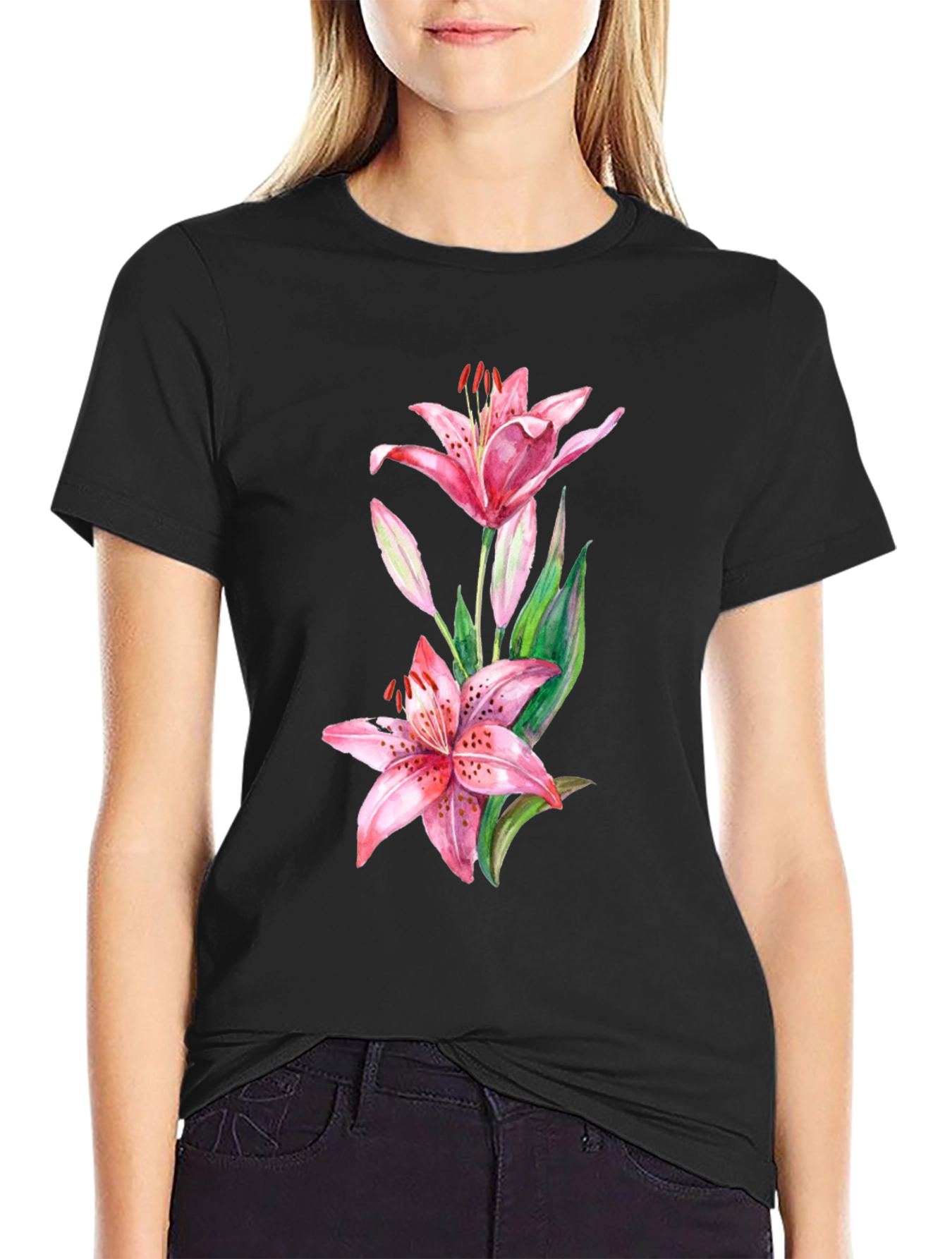 Lily Print Black T-Shirt
