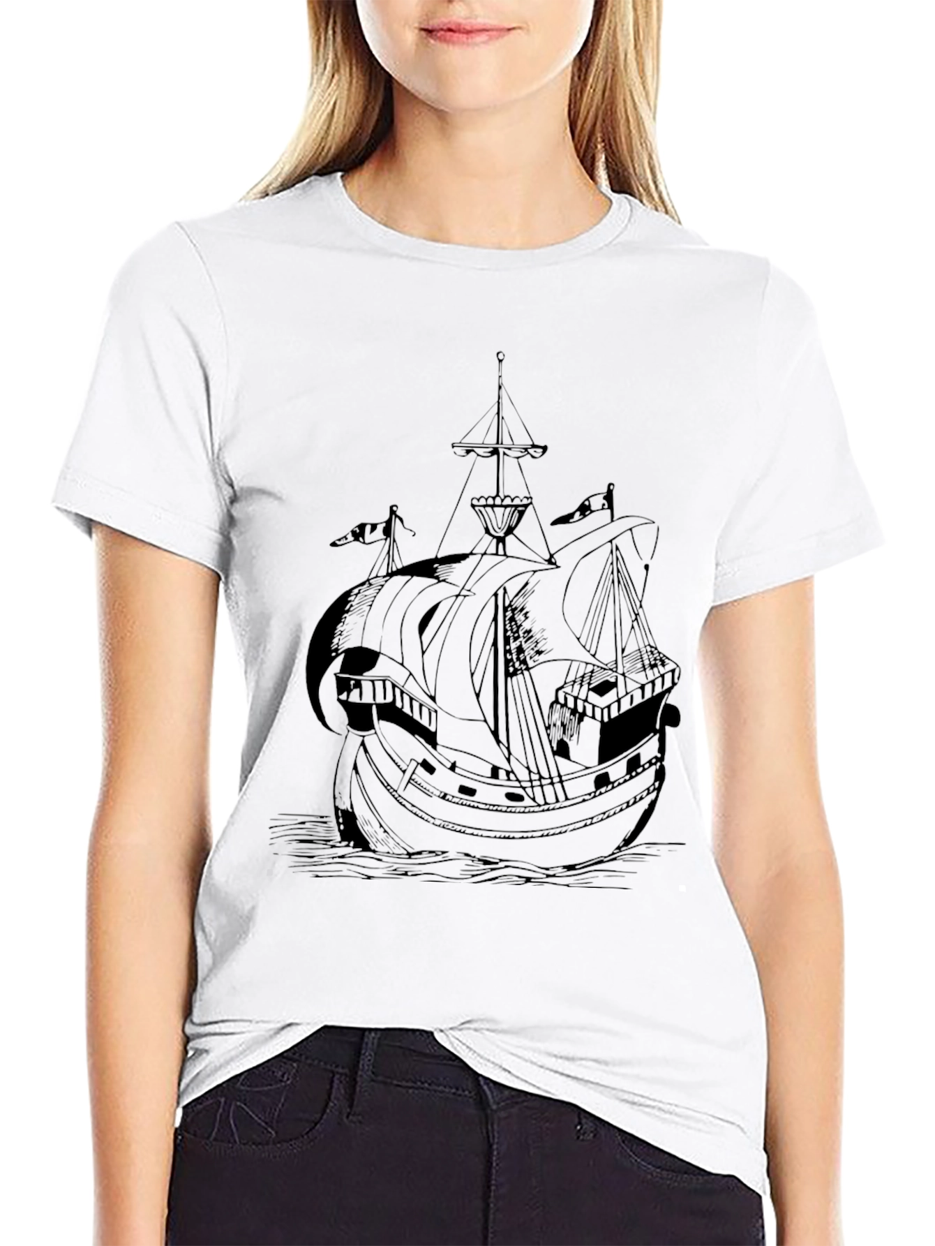 Nautical Black T-Shirt with Ship Print
