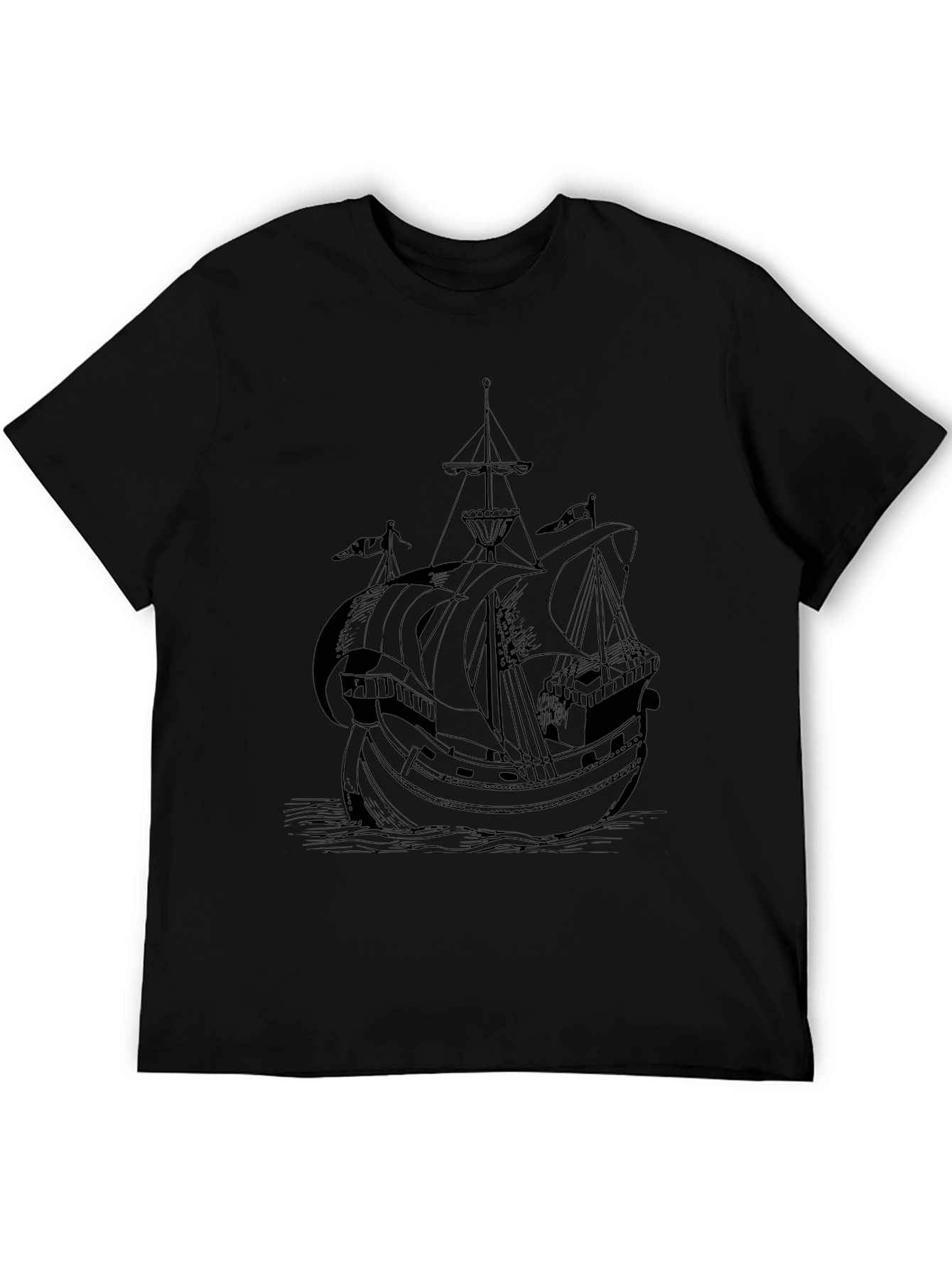 Nautical Black T-Shirt with Ship Print