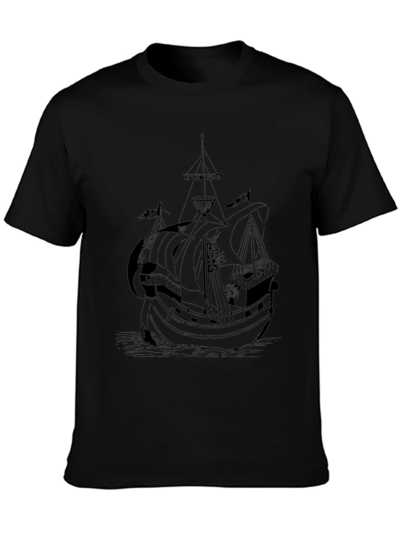 Nautical Black T-Shirt with Ship Print