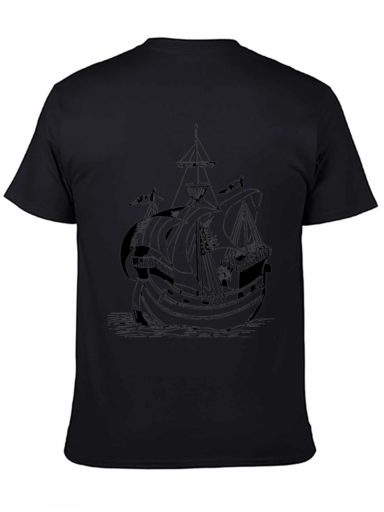 Nautical Black T-Shirt with Ship Print