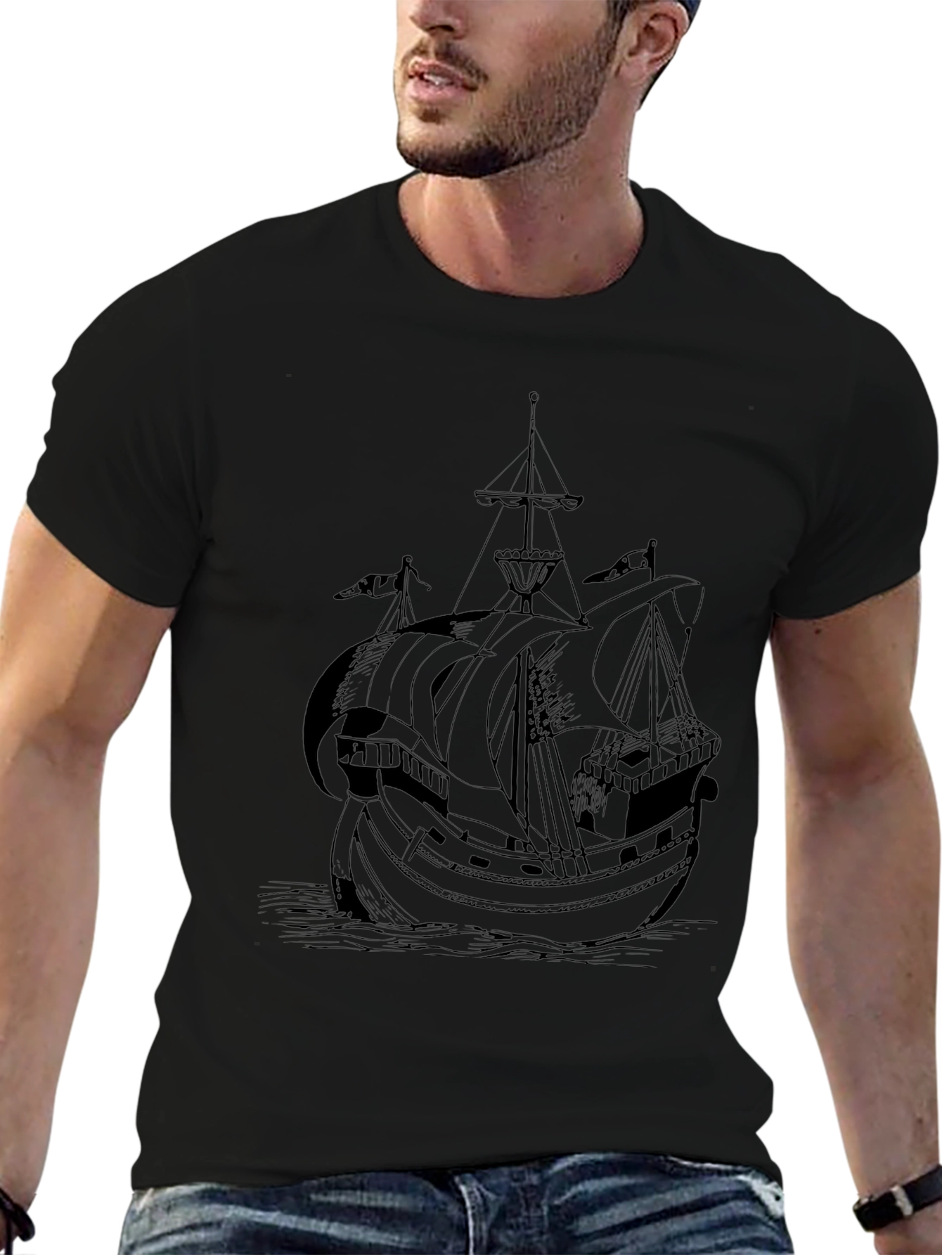 Nautical Black T-Shirt with Ship Print