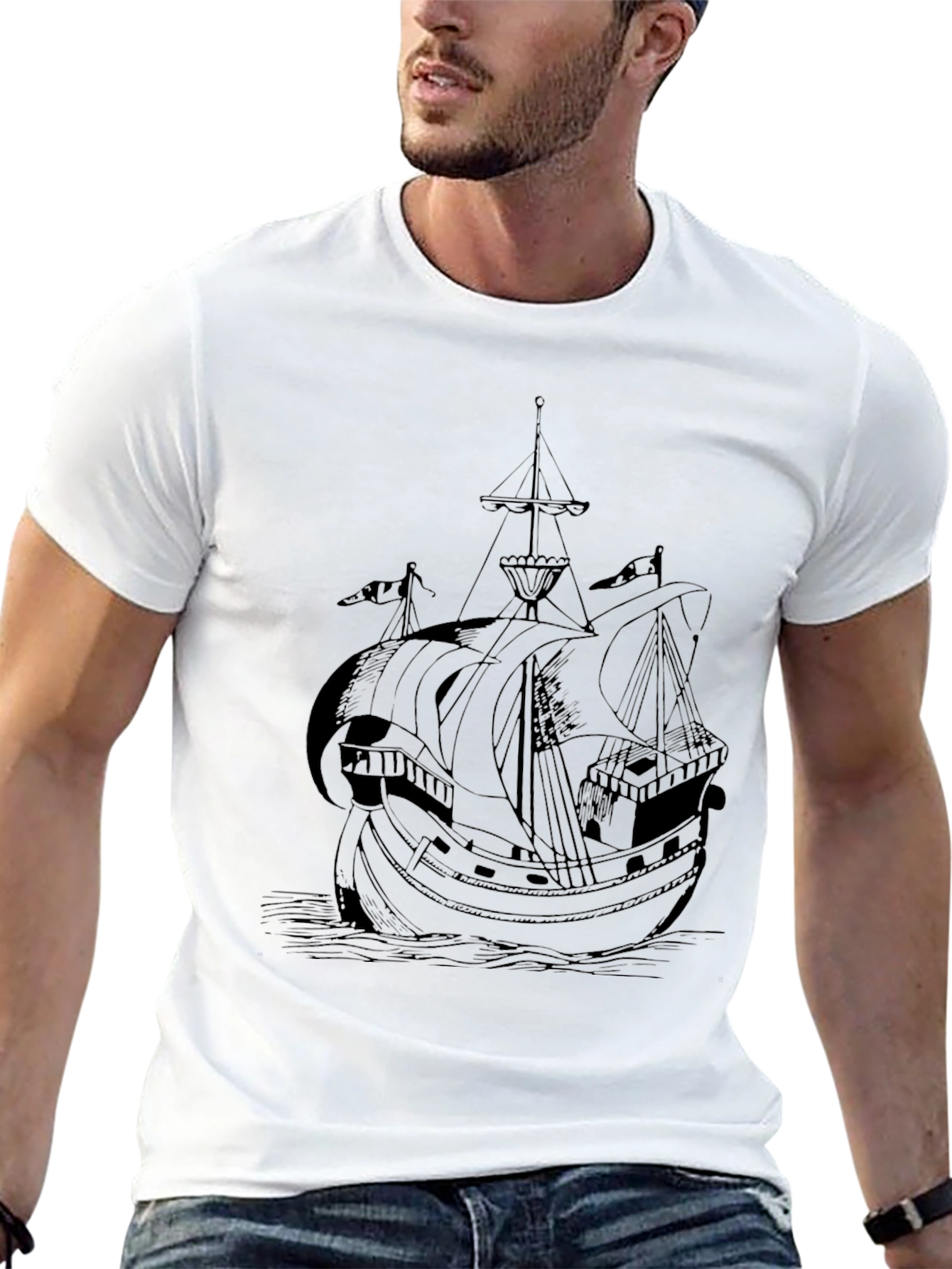 Nautical Black T-Shirt with Ship Print