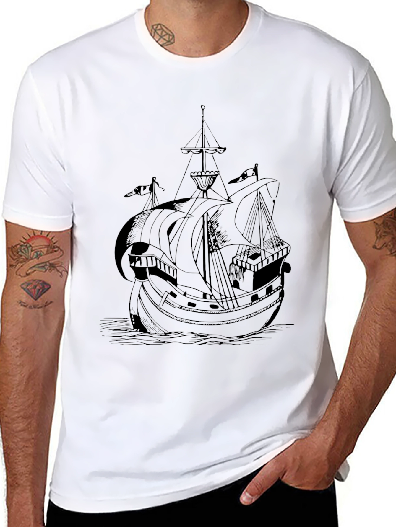 Nautical Black T-Shirt with Ship Print