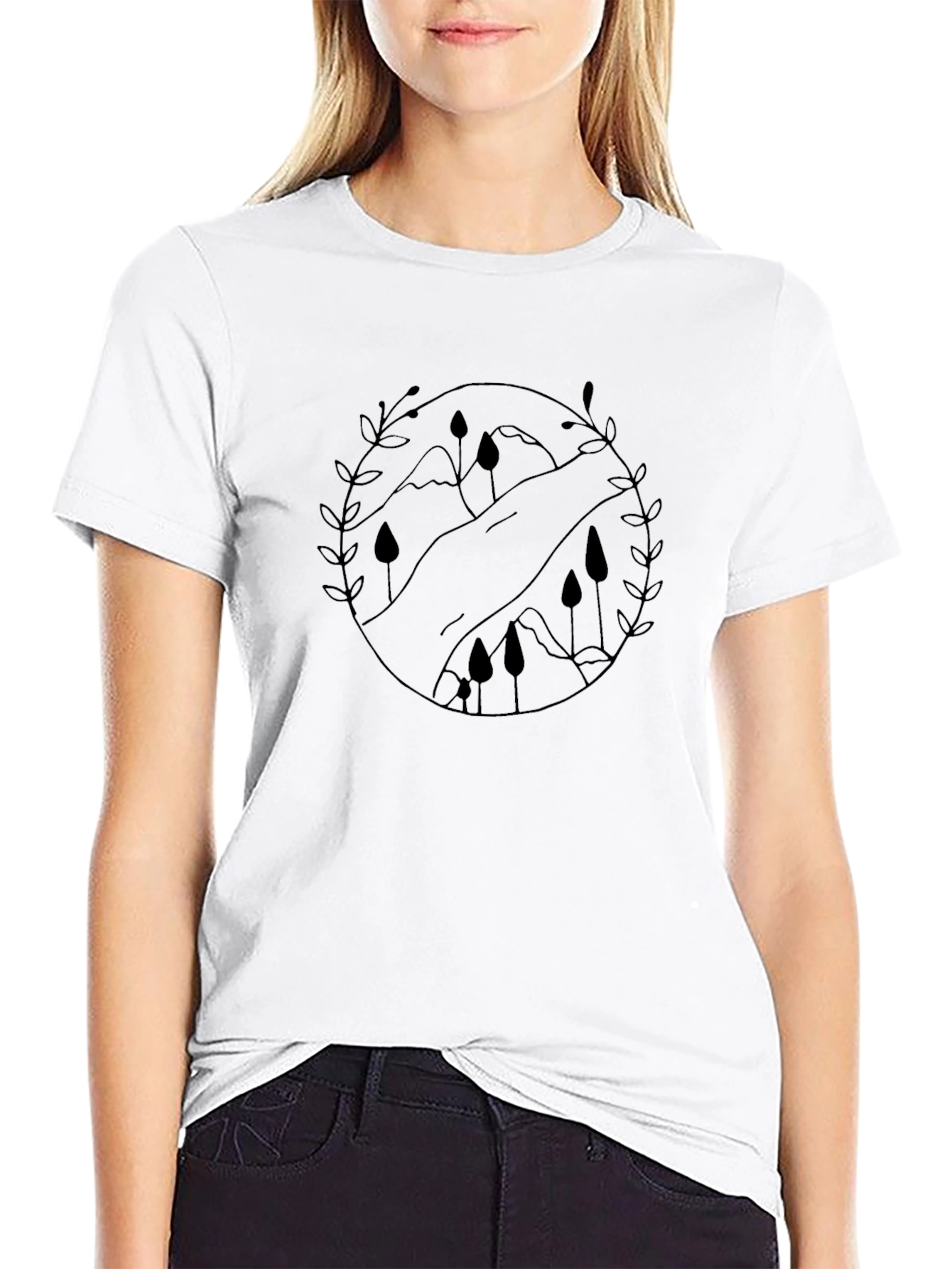 Nature Scene Graphic Tee - Black Cotton Casual Shirt