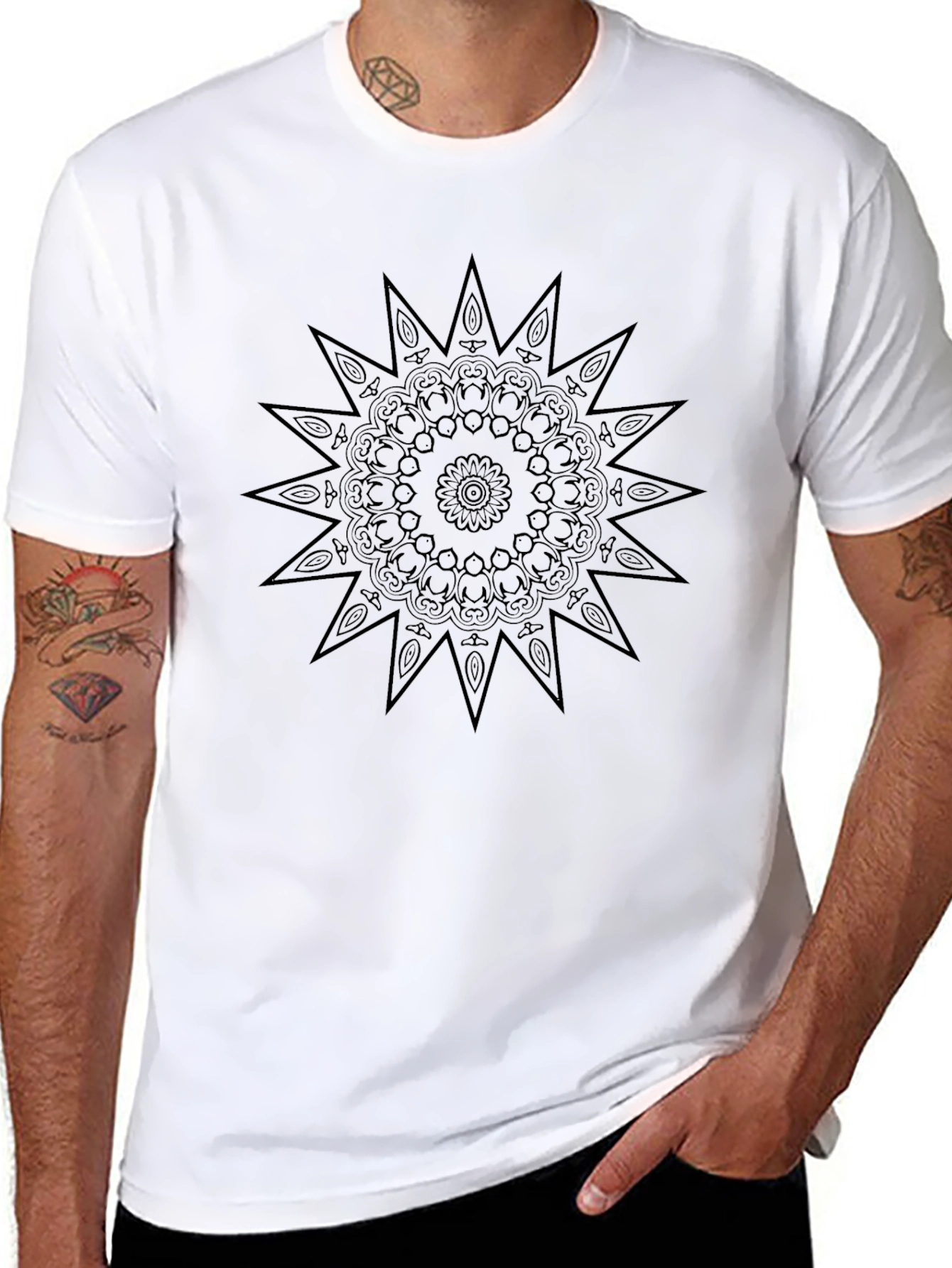 Black Mandala Print Crew Neck T-Shirt