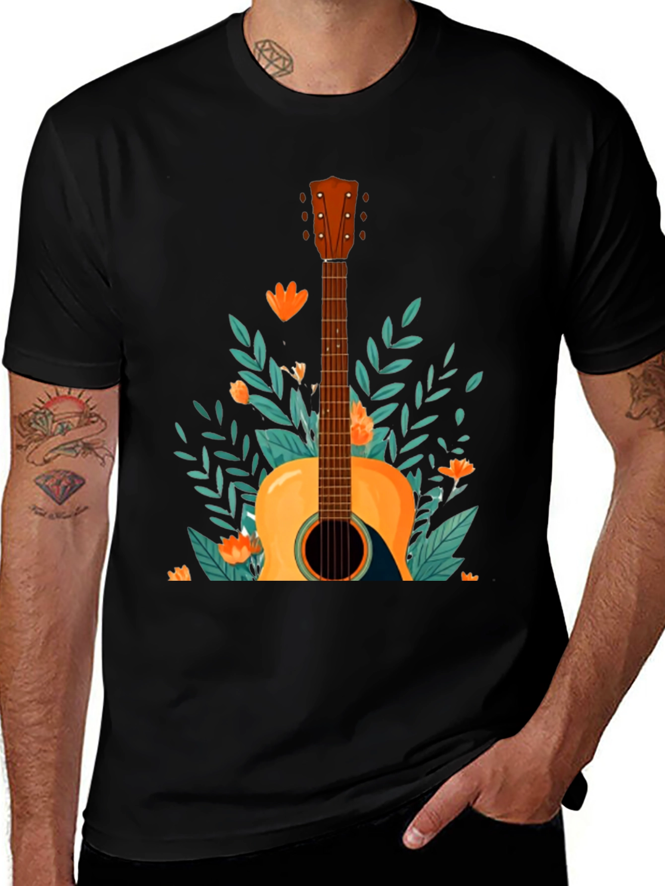 Floral Guitar Graphic Tee - Black Cotton T-Shirt