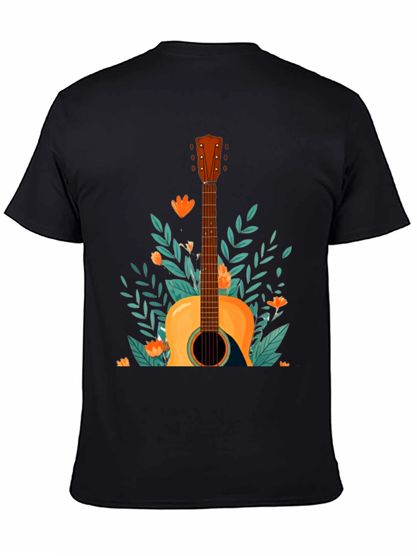 Floral Guitar Graphic Tee - Black Cotton T-Shirt