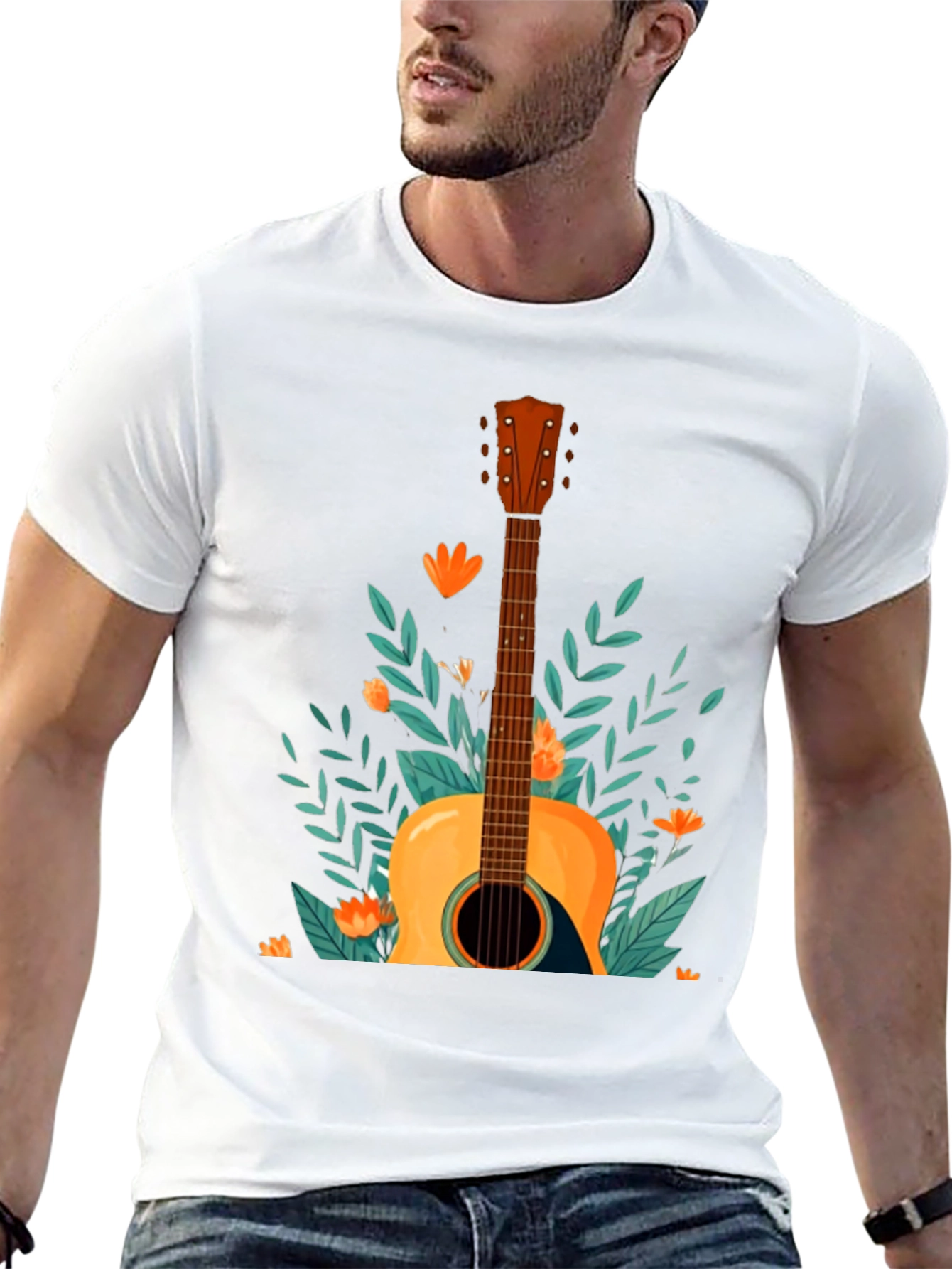 Floral Guitar Graphic Tee - Black Cotton T-Shirt