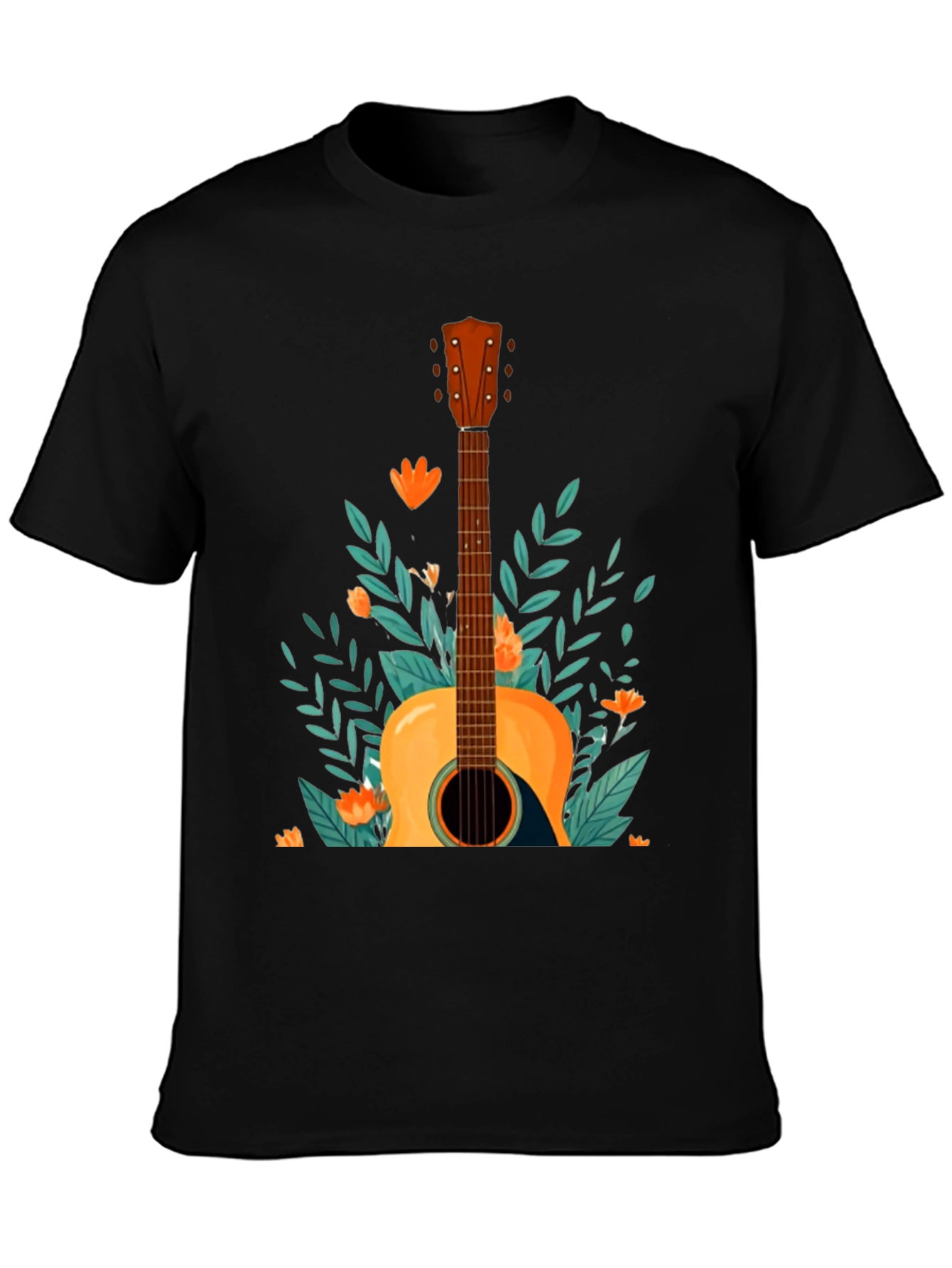 Floral Guitar Graphic Tee - Black Cotton T-Shirt