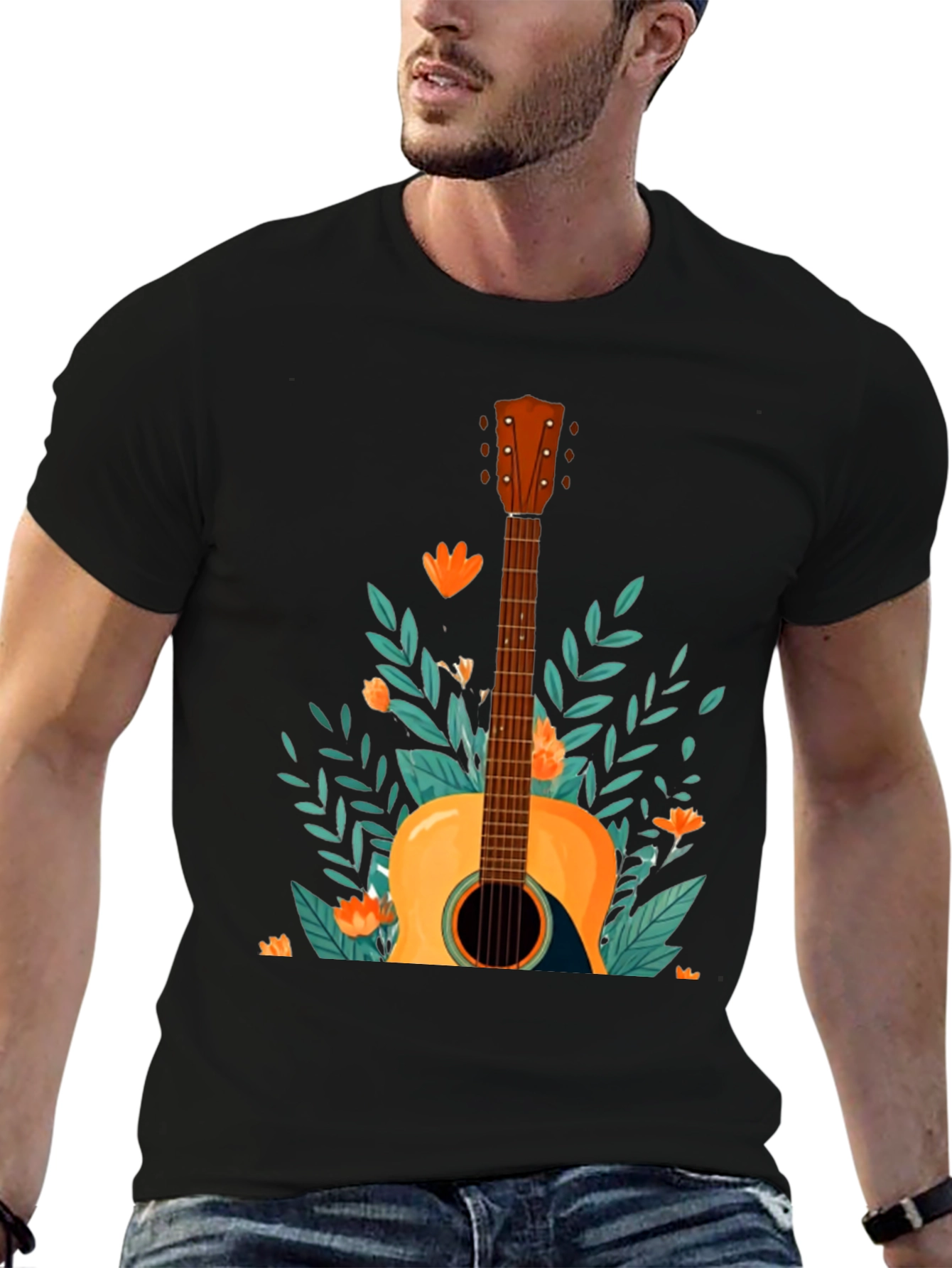 Floral Guitar Graphic Tee - Black Cotton T-Shirt