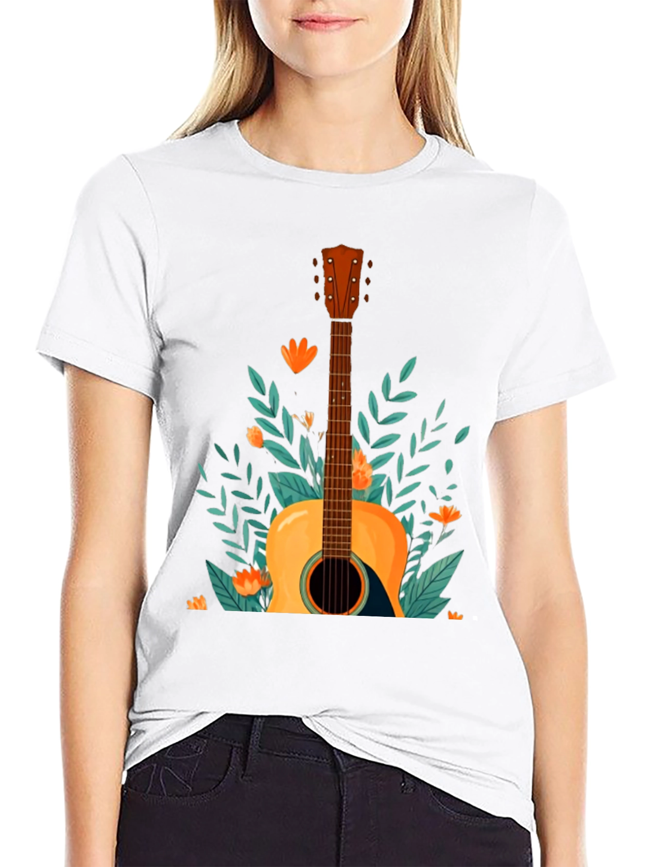 Floral Guitar Graphic Tee - Black Cotton T-Shirt