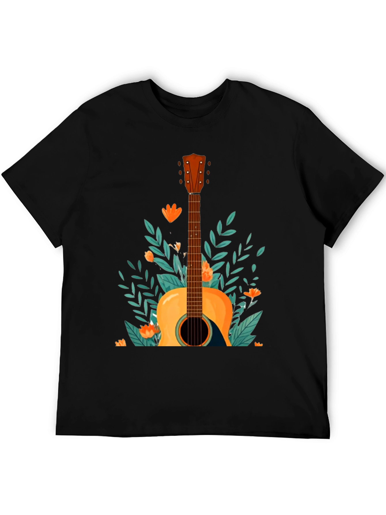 Floral Guitar Graphic Tee - Black Cotton T-Shirt