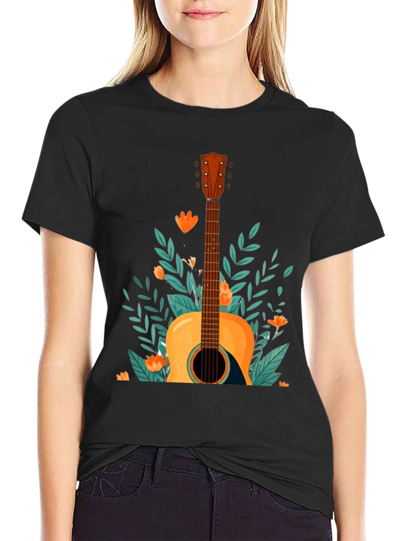 Floral Guitar Graphic Tee - Black Cotton T-Shirt