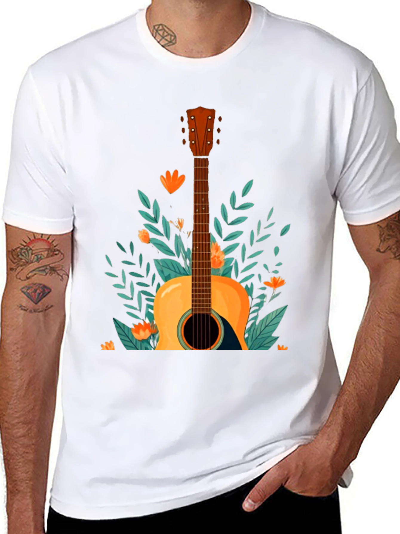 Floral Guitar Graphic Tee - Black Cotton T-Shirt