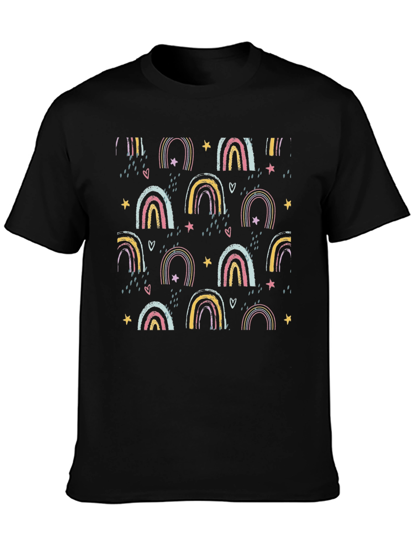 Rainbow Star Pattern Black T-Shirt