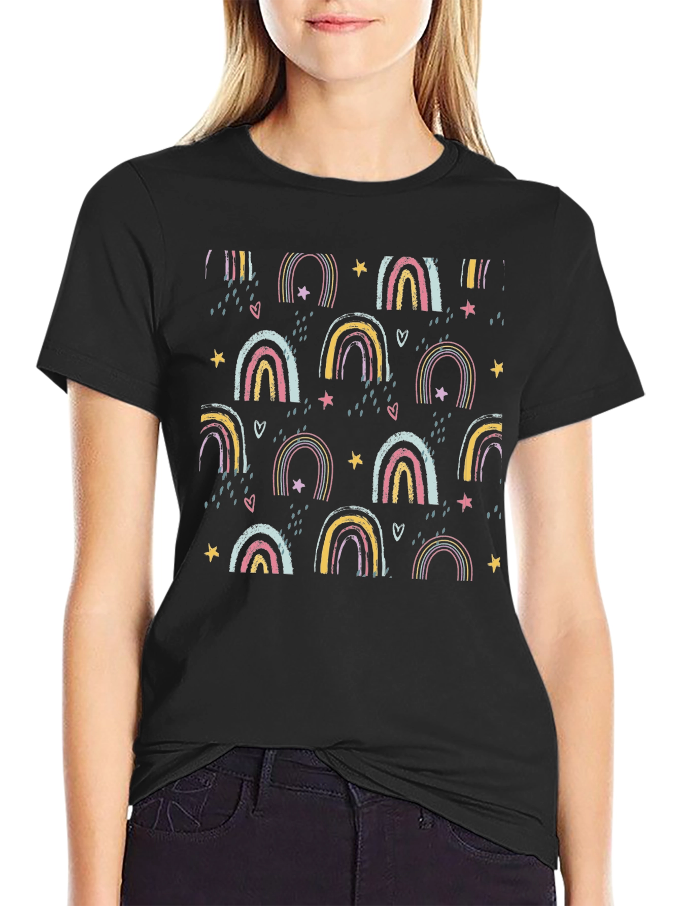 Rainbow Star Pattern Black T-Shirt