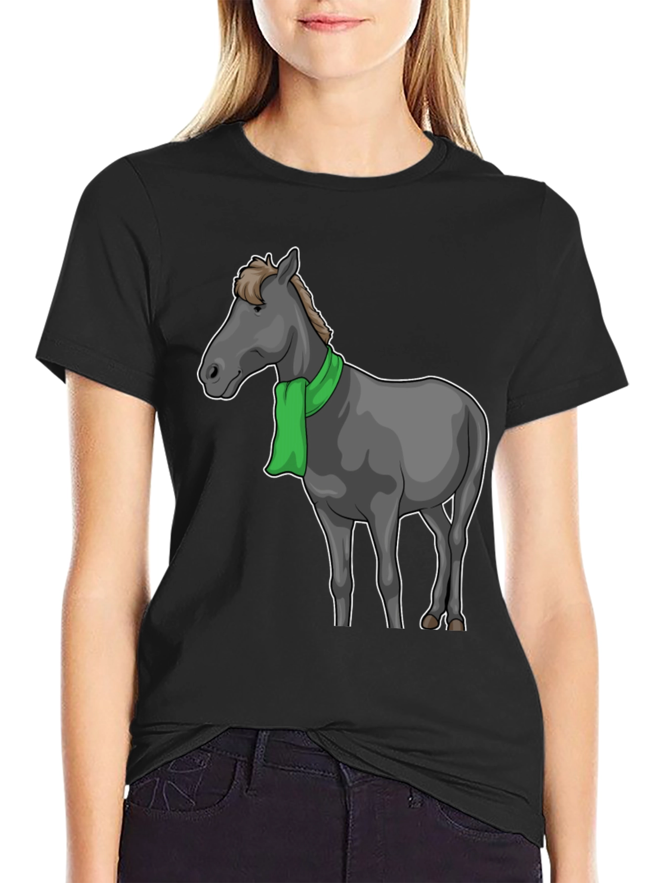 Horse Scarf Graphic Tee - Black Cotton T-Shirt