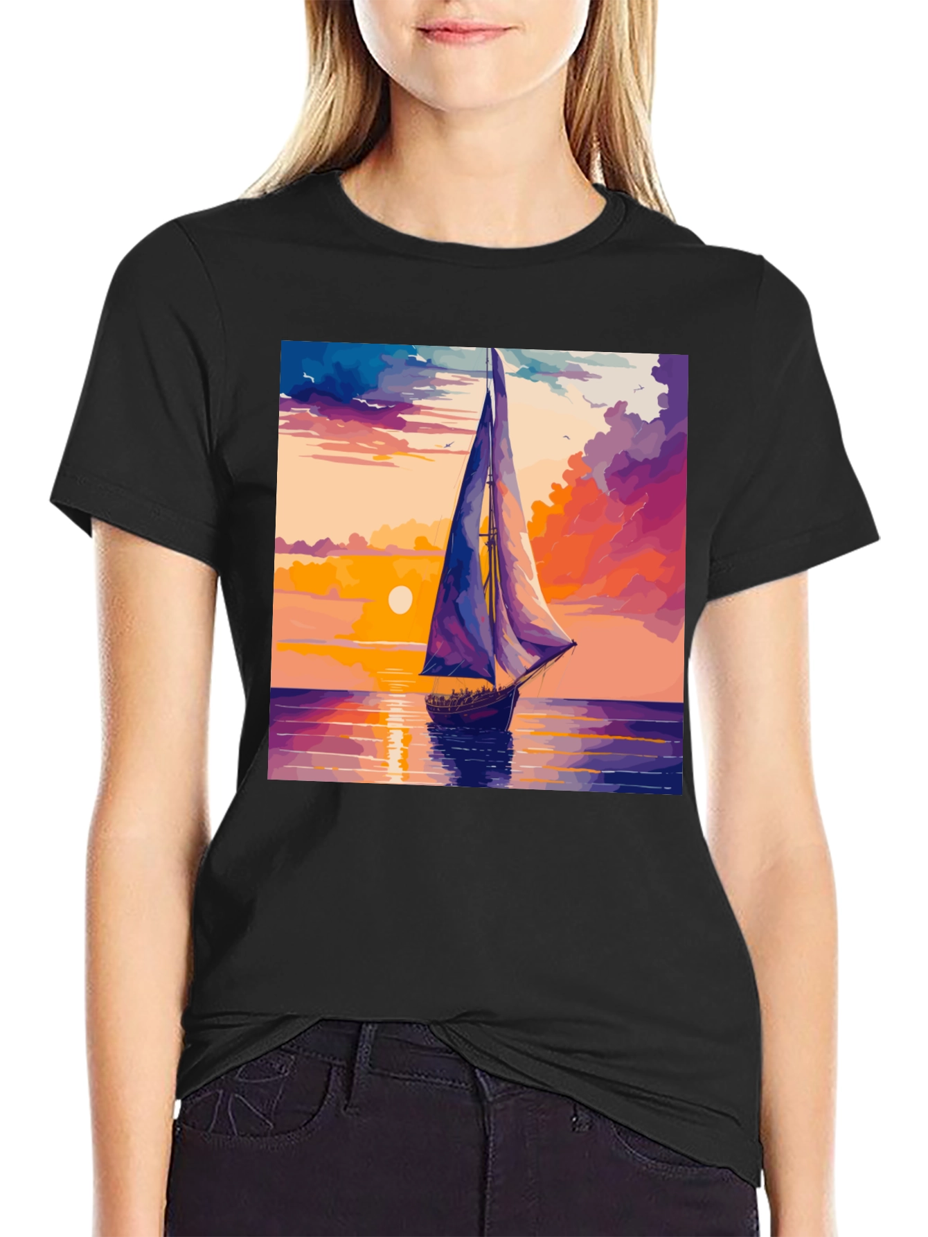 Sunset Sailboat Graphic Tee - Black Cotton Casual T-Shirt