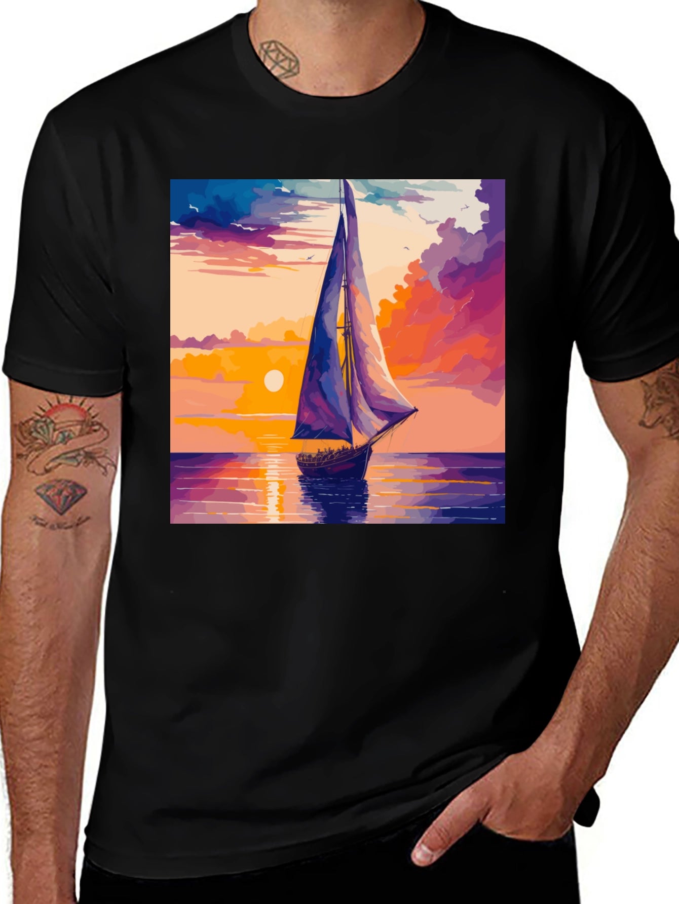 Sunset Sailboat Graphic Tee - Black Cotton Casual T-Shirt