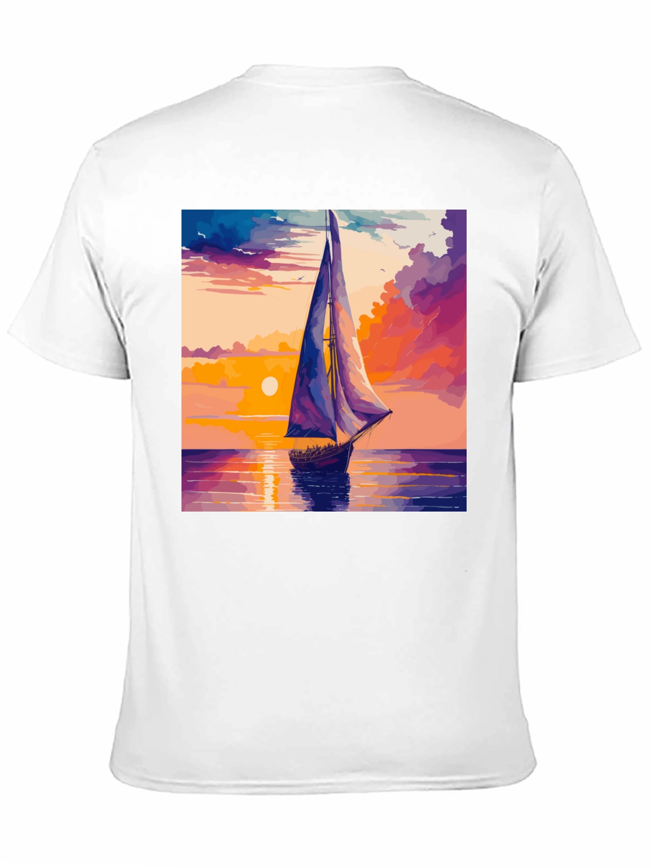 Sunset Sailboat Graphic Tee - Black Cotton Casual T-Shirt