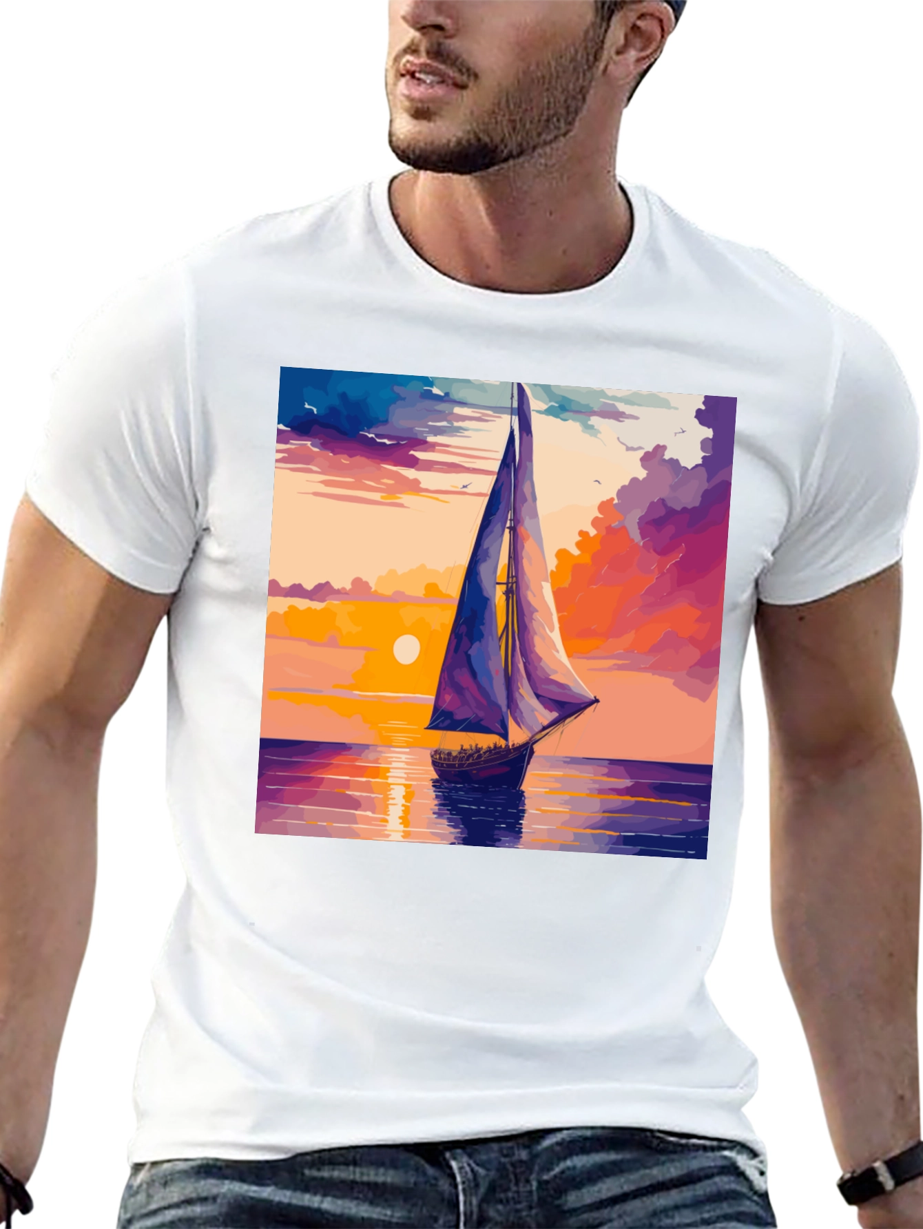 Sunset Sailboat Graphic Tee - Black Cotton Casual T-Shirt
