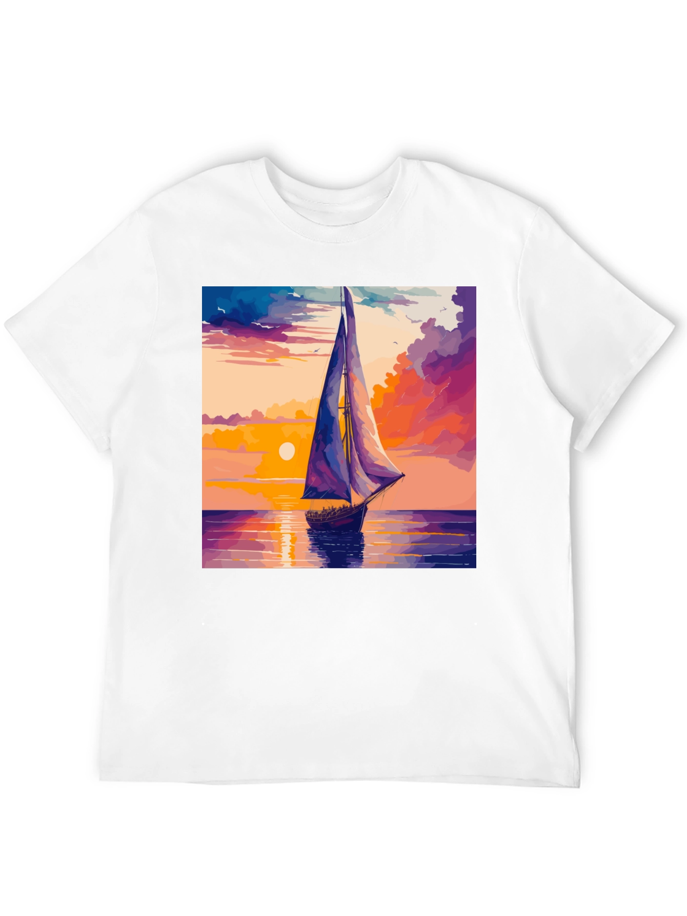 Sunset Sailboat Graphic Tee - Black Cotton Casual T-Shirt