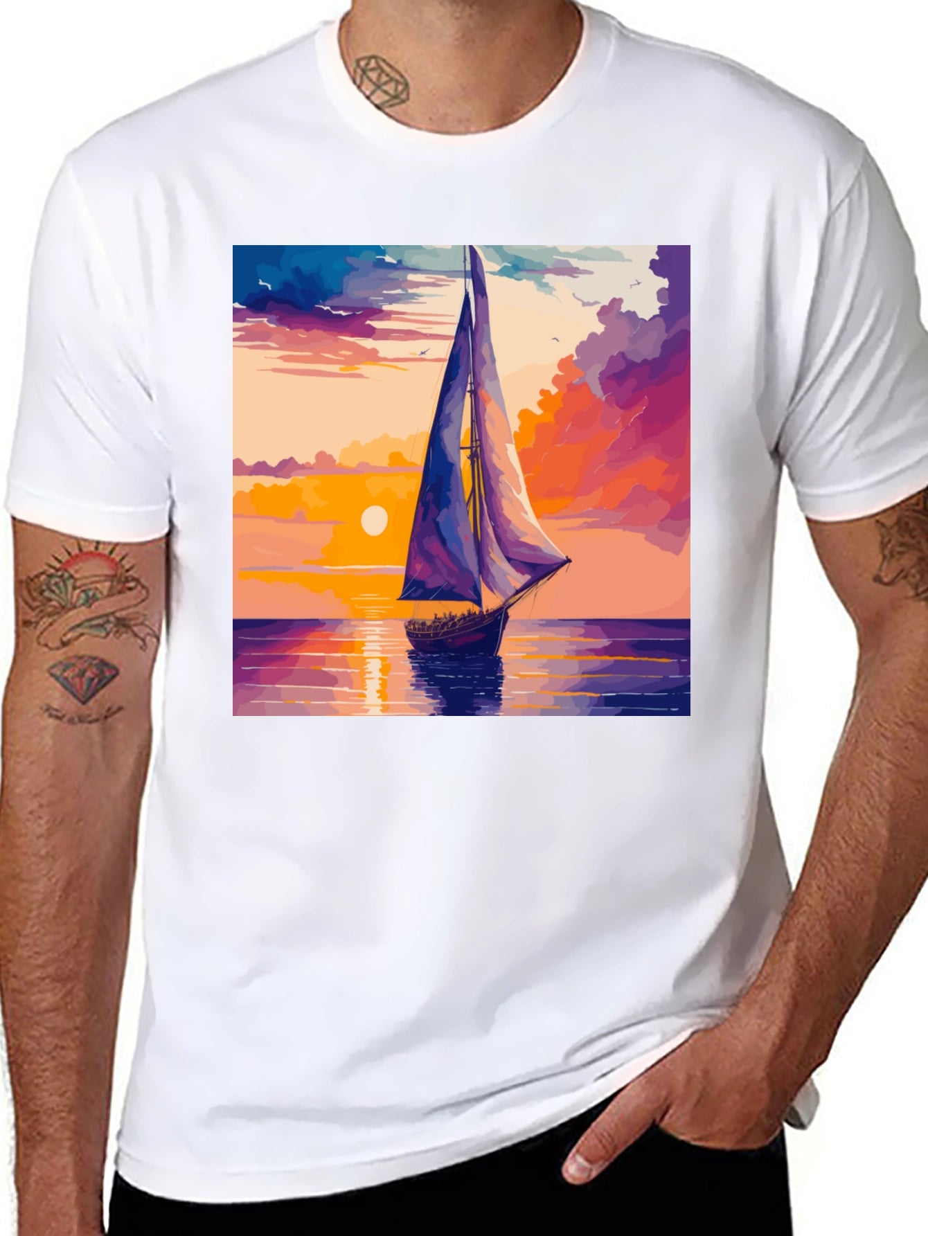 Sunset Sailboat Graphic Tee - Black Cotton Casual T-Shirt