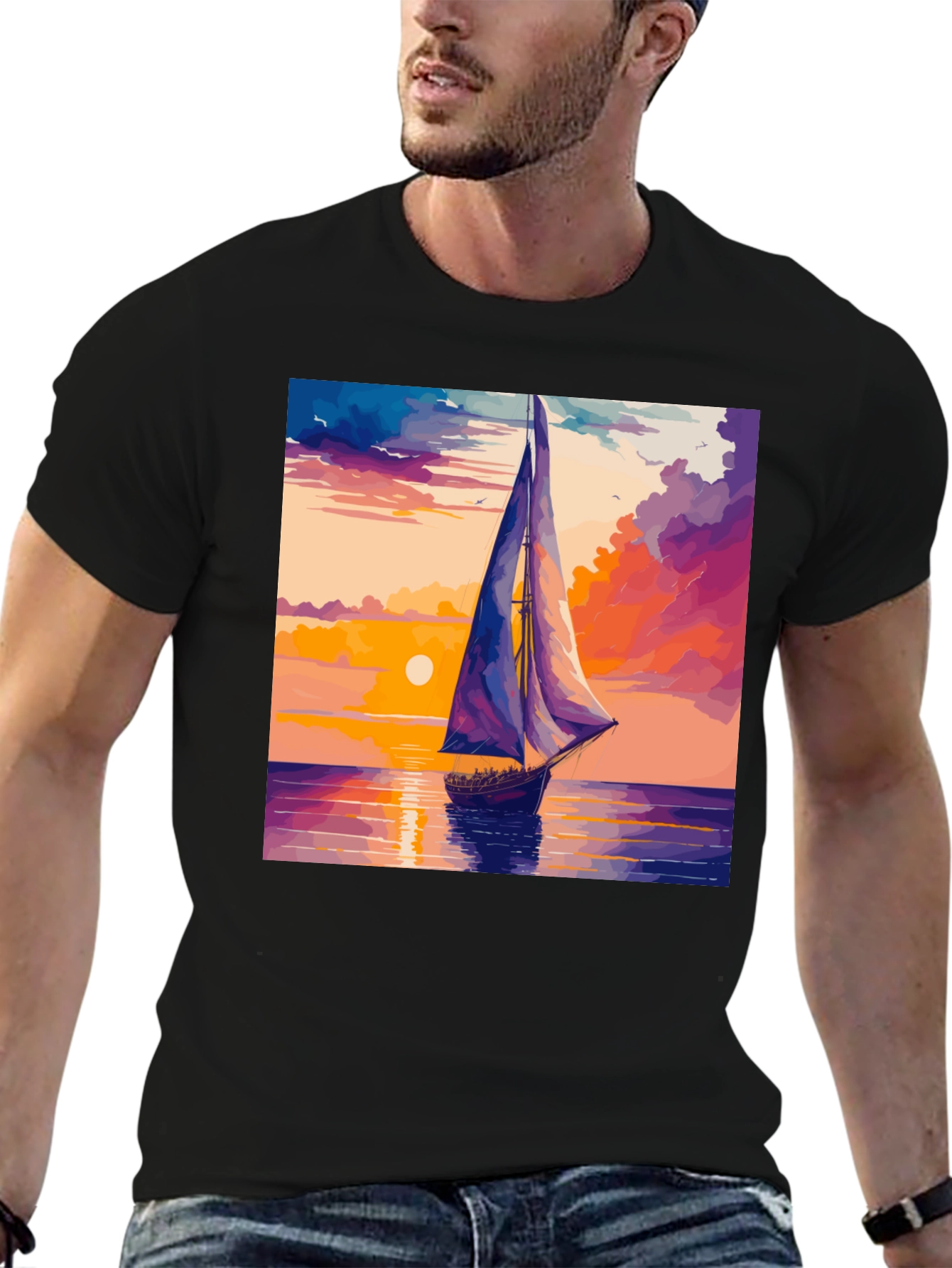 Sunset Sailboat Graphic Tee - Black Cotton Casual T-Shirt