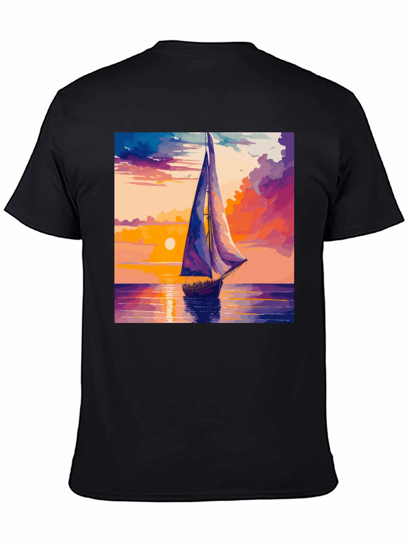 Sunset Sailboat Graphic Tee - Black Cotton Casual T-Shirt