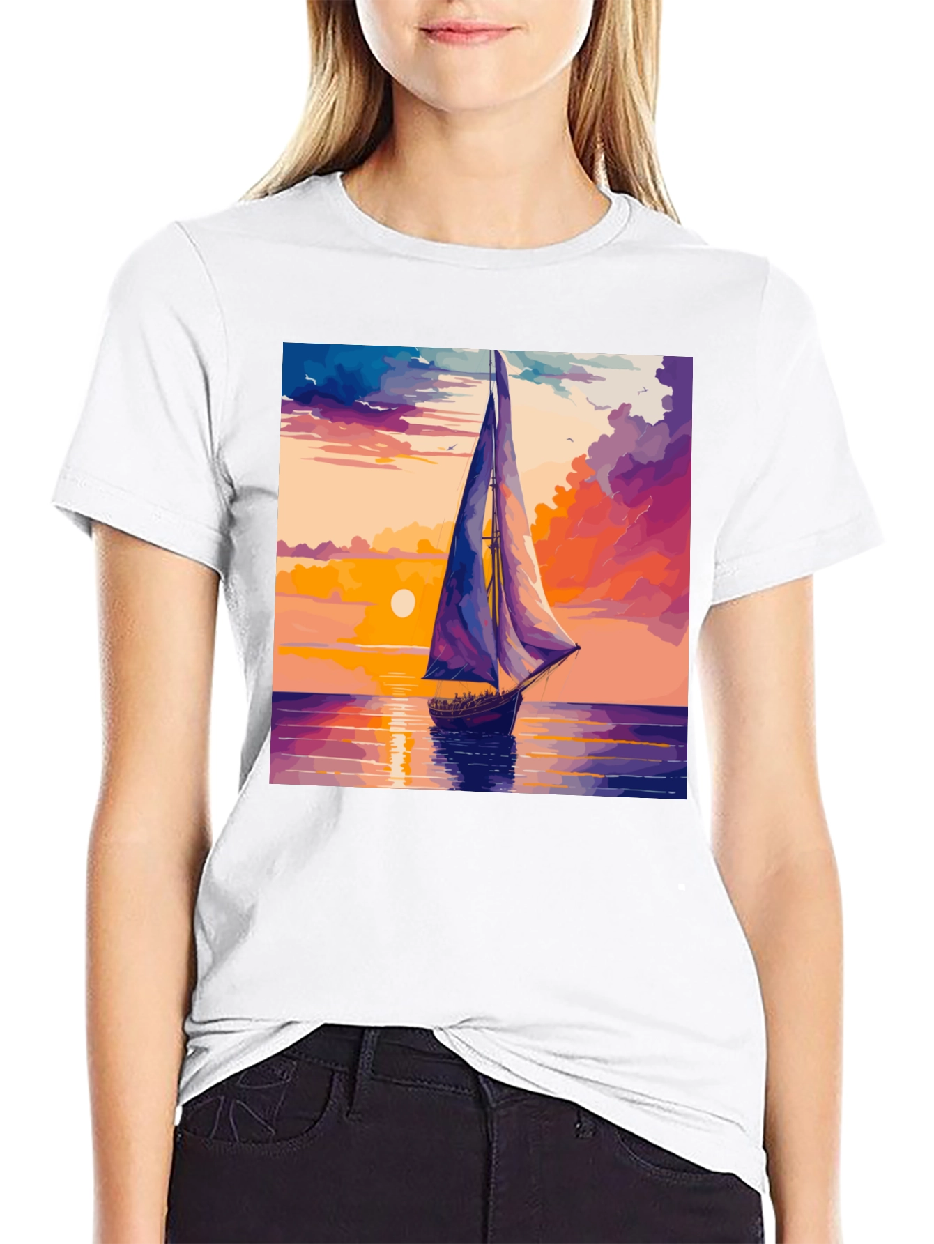 Sunset Sailboat Graphic Tee - Black Cotton Casual T-Shirt