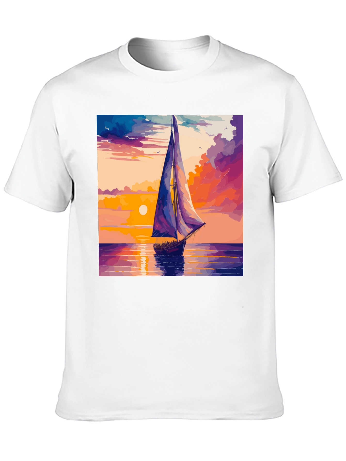 Sunset Sailboat Graphic Tee - Black Cotton Casual T-Shirt