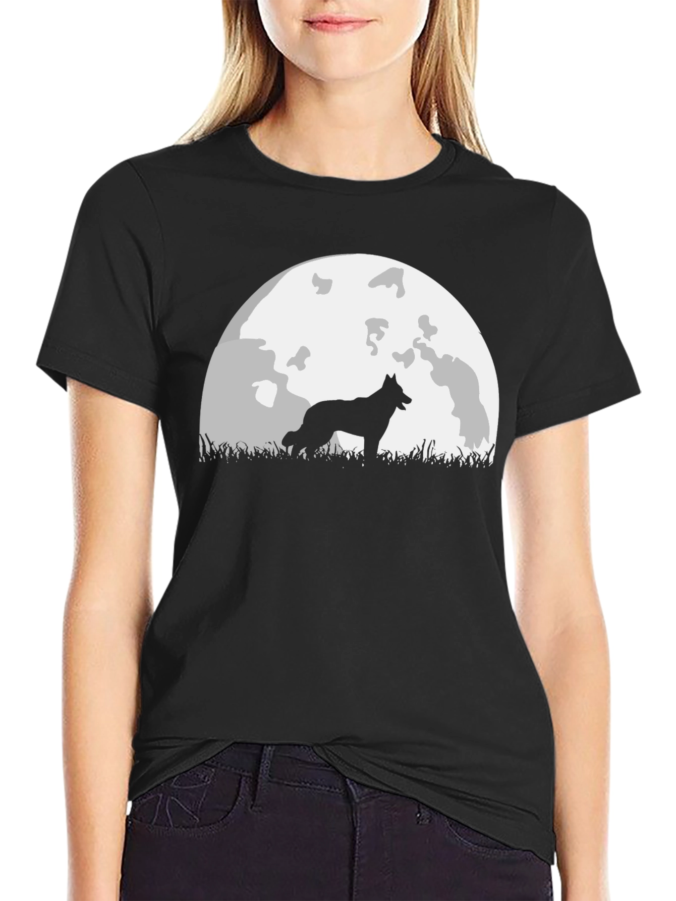Wolf Silhouette Moon Graphic Tee - Black T-Shirt