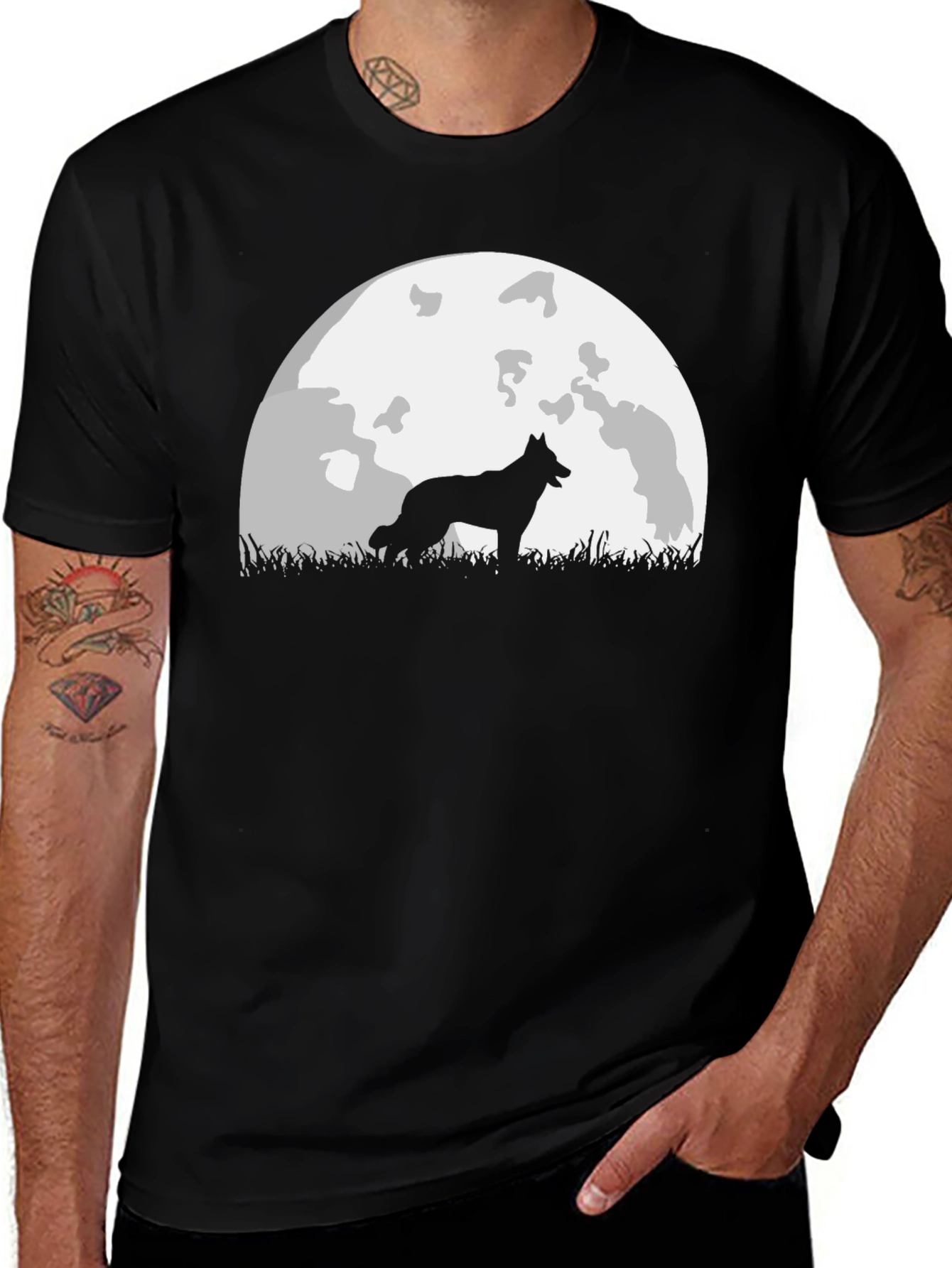 Wolf Silhouette Moon Graphic Tee - Black T-Shirt