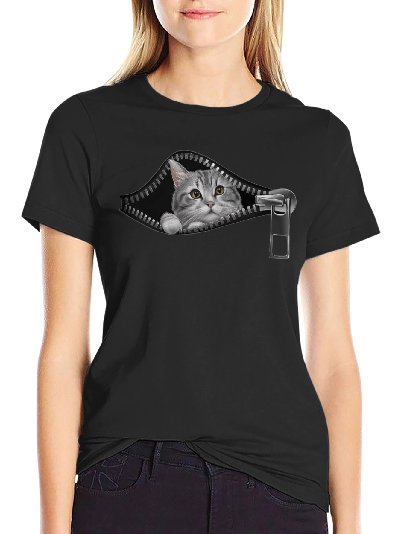 Cat Zipper T-Shirt - Unique Graphic Tee