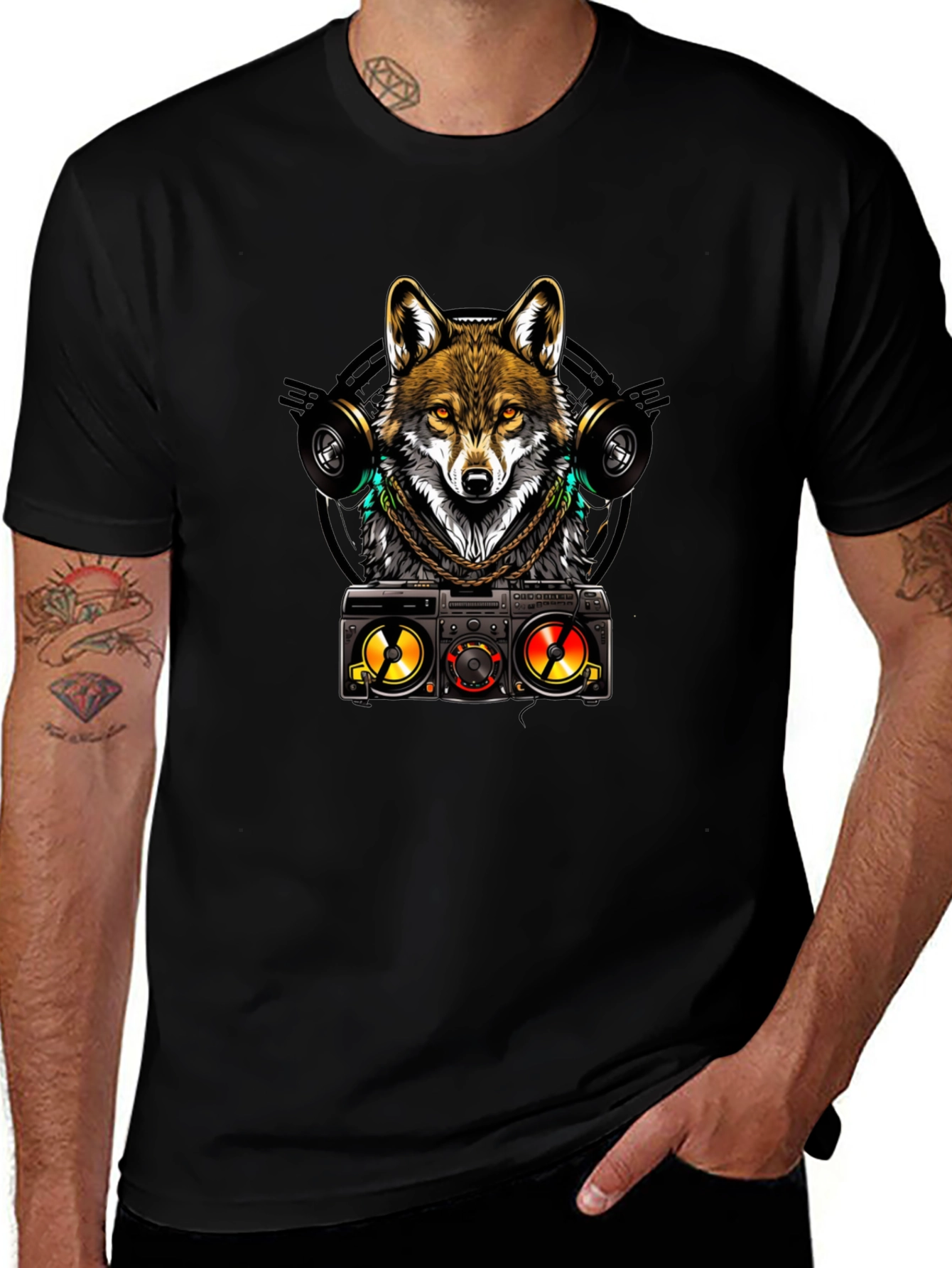 Cool Wolf DJ Graphic Tee - Black Cotton Blend