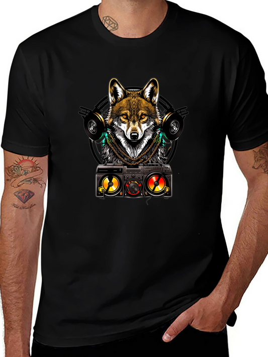 Cool Wolf DJ Graphic Tee - Black Cotton Blend