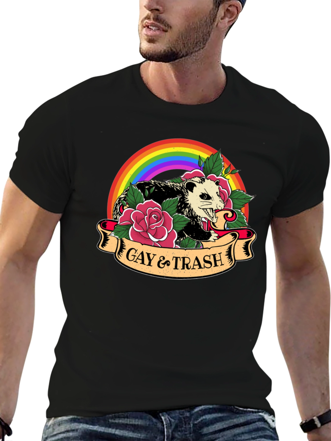 Gay & Trash Possum Rainbow Graphic T-Shirt