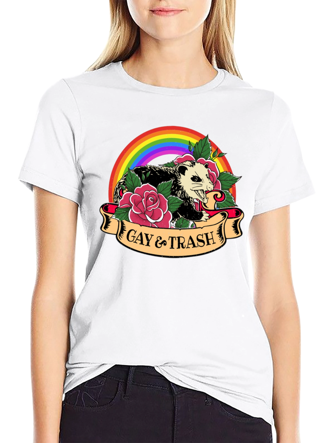 Gay & Trash Possum Rainbow Graphic T-Shirt