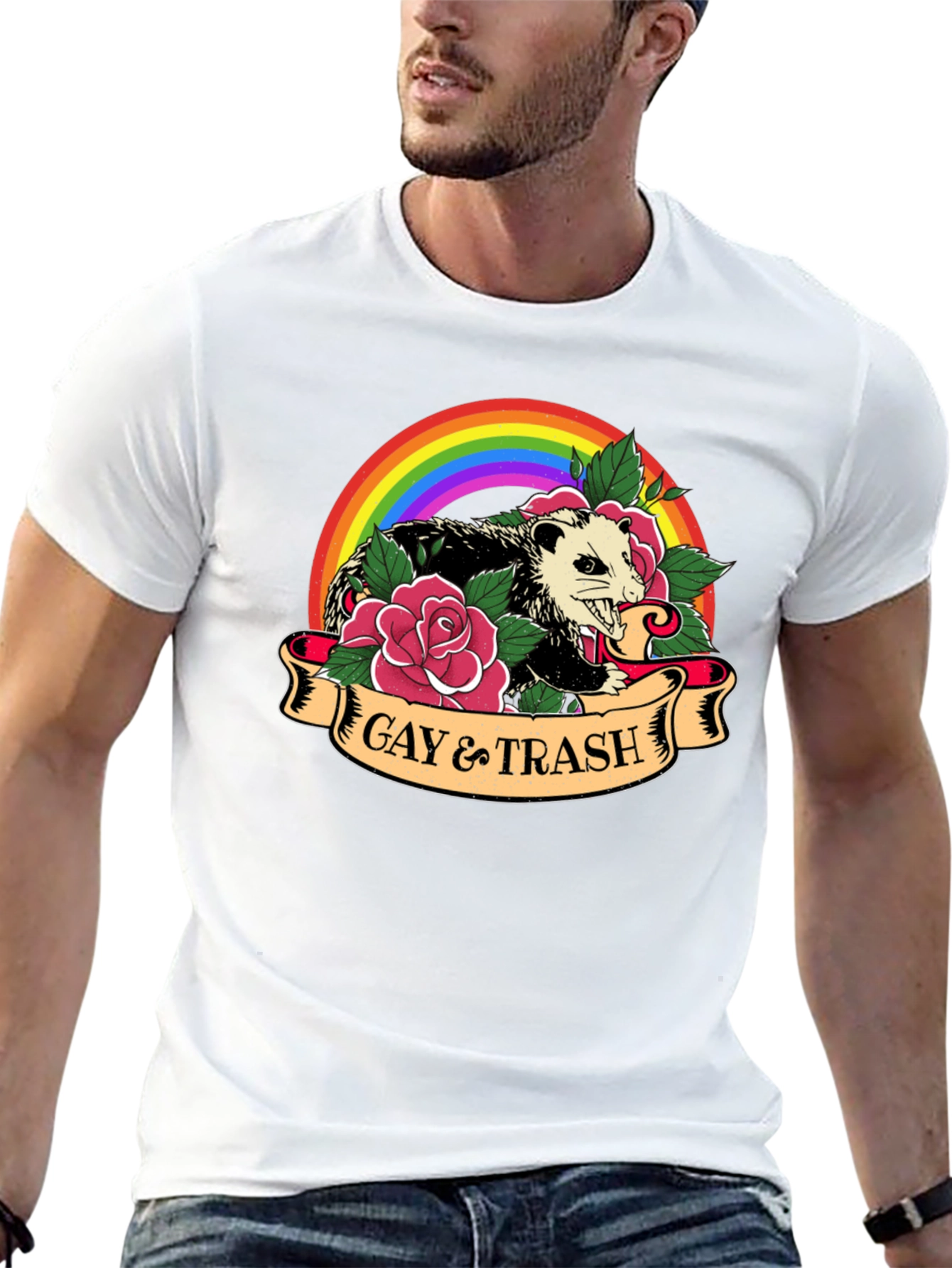 Gay & Trash Possum Rainbow Graphic T-Shirt